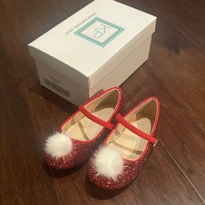 Kailee P Sparkly Red Kids Dress Shoes with Pom Poms